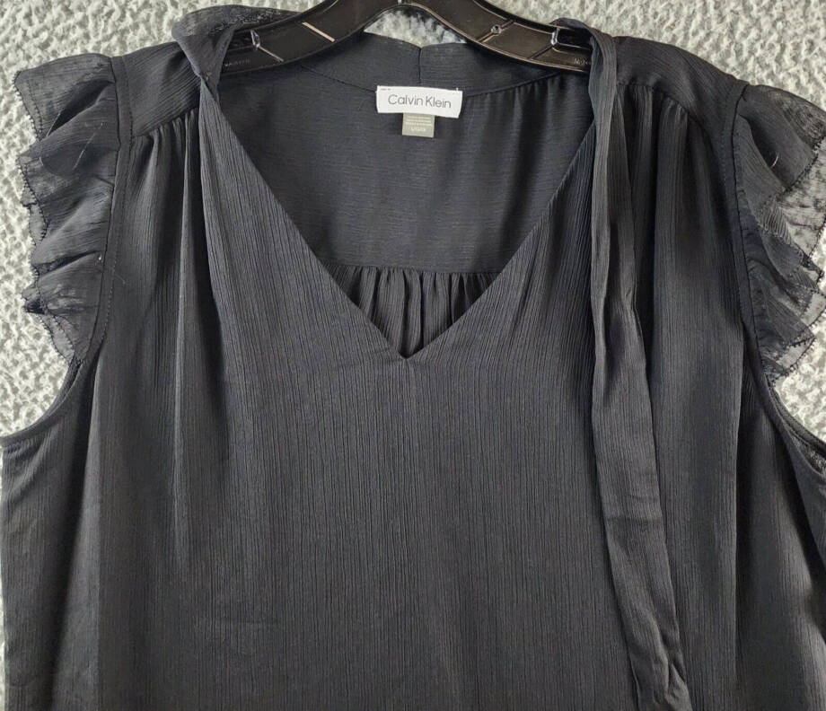 Calvin Klein Ruffled Cap-Sleeve Tie-Neck Blouse Women's L Black Solid Pullover