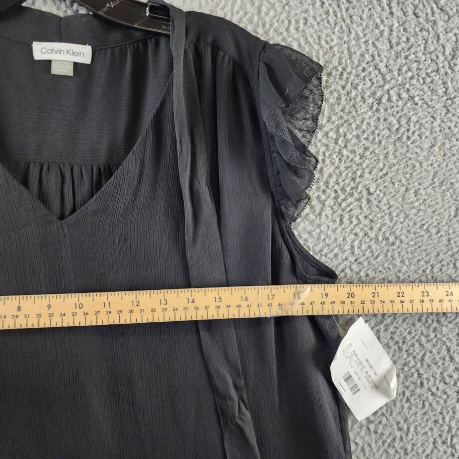 Calvin Klein Ruffled Cap-Sleeve Tie-Neck Blouse Women's L Black Solid Pullover
