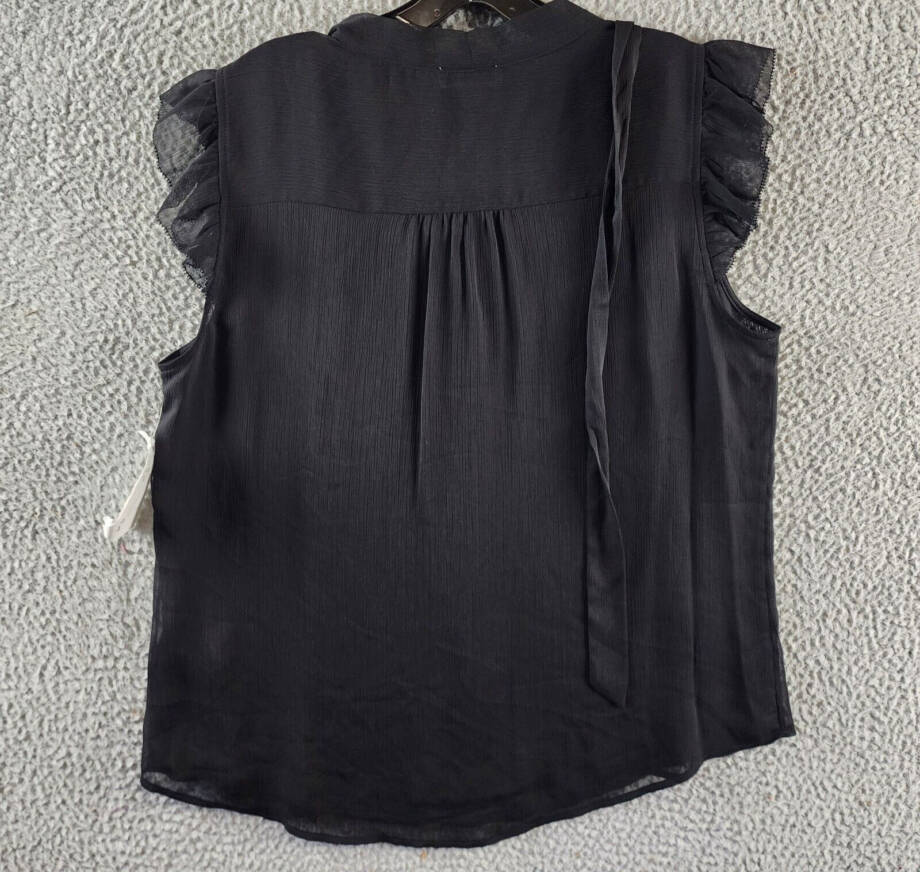 Calvin Klein Ruffled Cap-Sleeve Tie-Neck Blouse Women's L Black Solid Pullover
