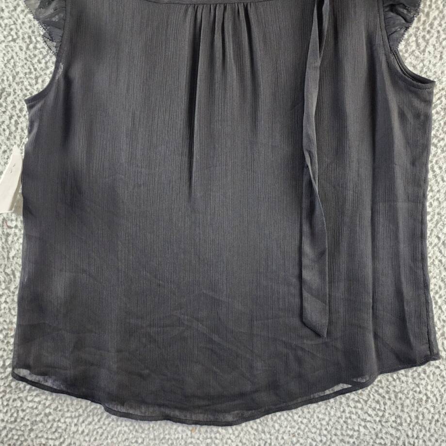 Calvin Klein Ruffled Cap-Sleeve Tie-Neck Blouse Women's L Black Solid Pullover