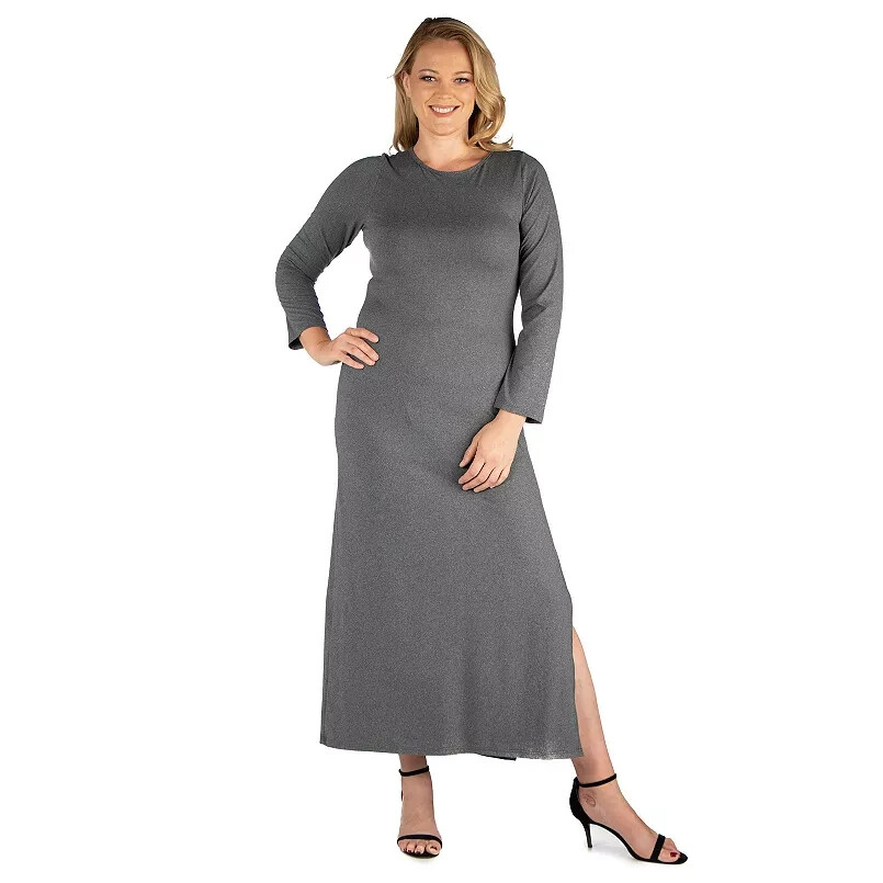 24seven Comfort Apparel Plus Side Slit Fitted Maxi Dress Women's 3X Gray Heather