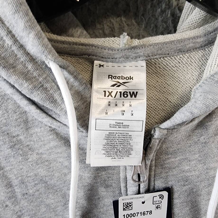 Reebok Plus French Terry Zip-Front Hoodie Women's 1X/16W Medium Grey Heather