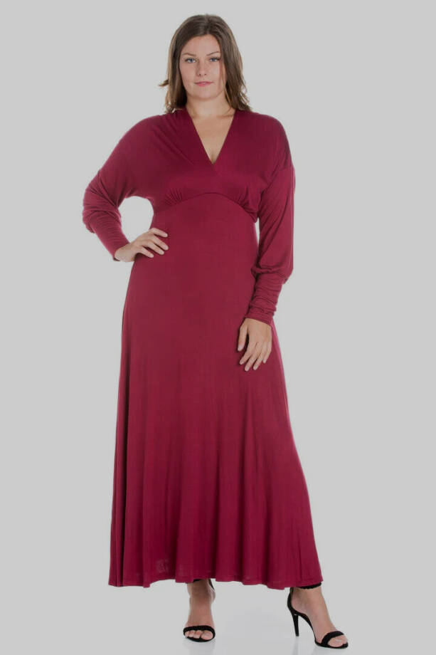 24seven Comfort Apparel Plus Size V-Neck Long Sleeve Maxi Dress Women's 3X Wine