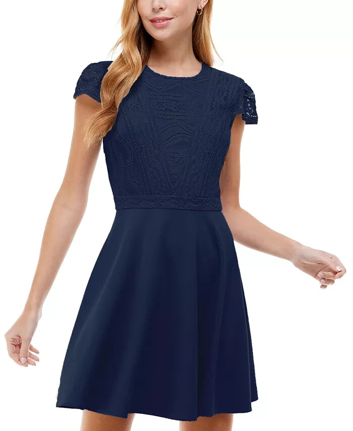 City Studio Lace-Top Dress Juniors' 3 Navy Crew Neck Short Sleeve Back Zip