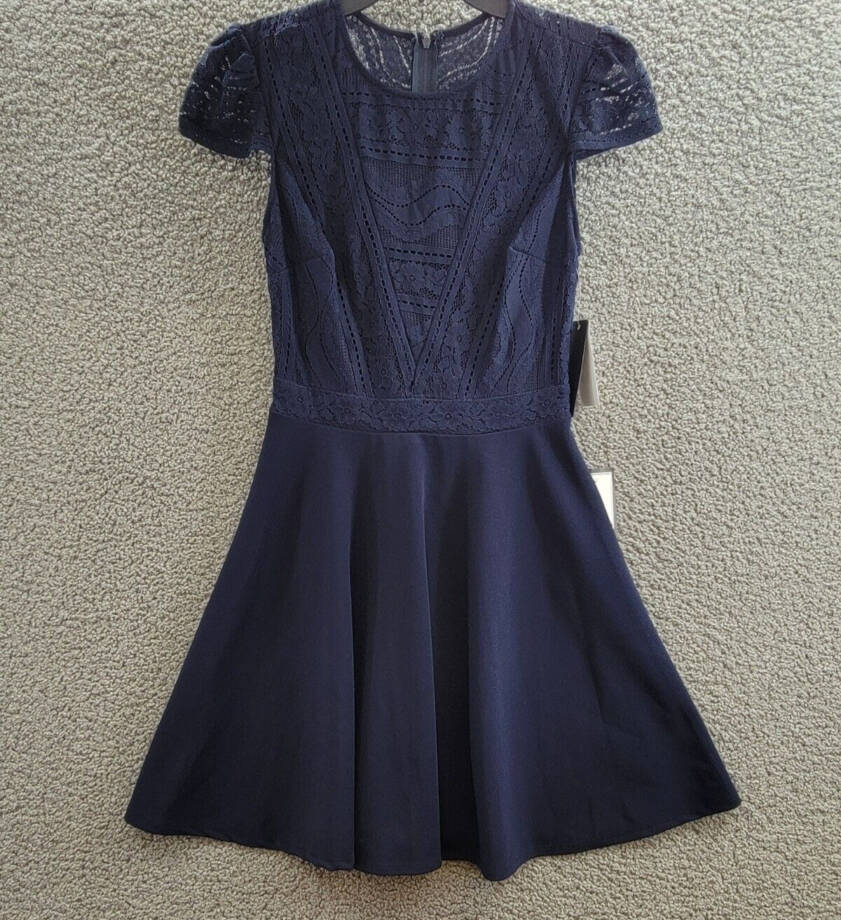 City Studio Lace-Top Dress Juniors' 3 Navy Crew Neck Short Sleeve Back Zip