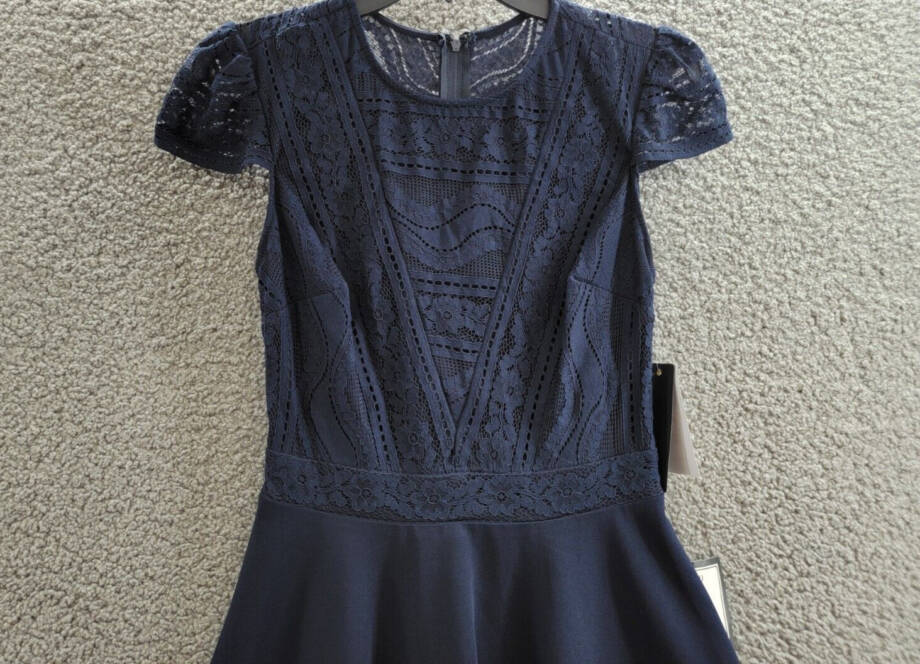 City Studio Lace-Top Dress Juniors' 3 Navy Crew Neck Short Sleeve Back Zip