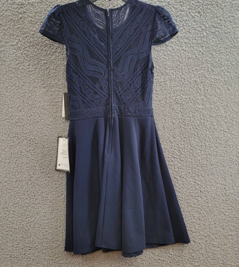 City Studio Lace-Top Dress Juniors' 3 Navy Crew Neck Short Sleeve Back Zip