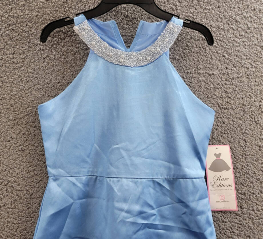 Rare Editions Sleeveless Imitation Pearl Halter Social Dress Girls' 12 Blue