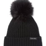 Calvin Klein Ribbed Furry Pom Pom Hat Women's One Size Black Logo Patch~