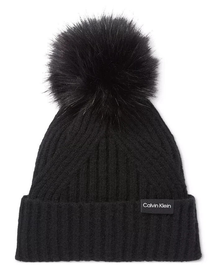 Calvin Klein Ribbed Furry Pom Pom Hat Women's One Size Black Logo Patch~
