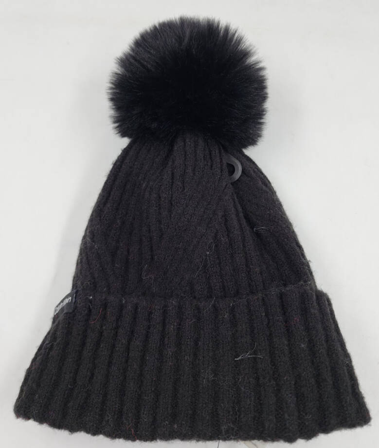 Calvin Klein Ribbed Furry Pom Pom Hat Women's One Size Black Logo Patch~