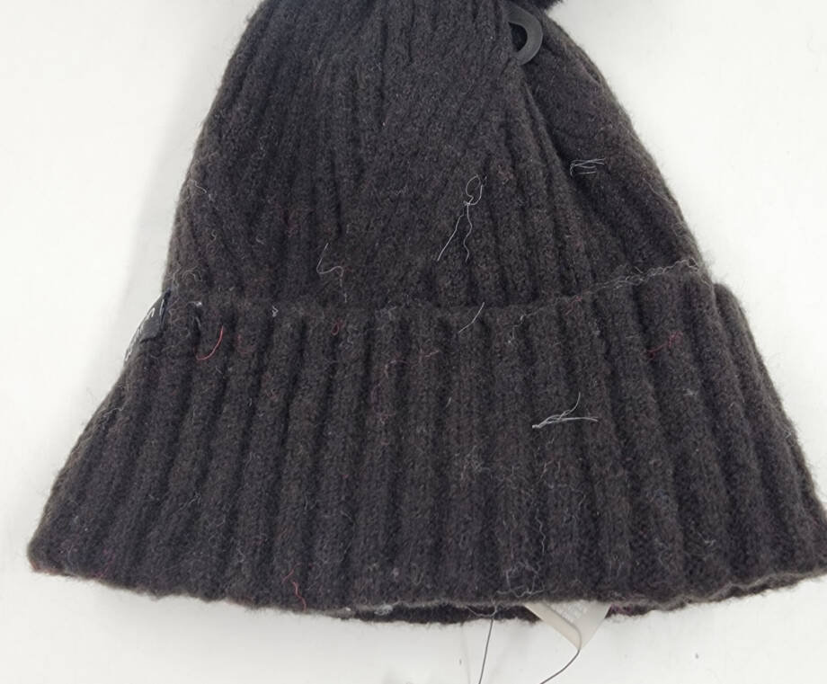 Calvin Klein Ribbed Furry Pom Pom Hat Women's One Size Black Logo Patch~