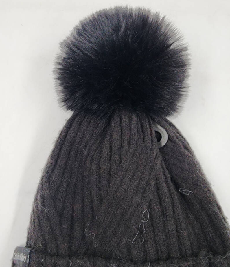 Calvin Klein Ribbed Furry Pom Pom Hat Women's One Size Black Logo Patch~