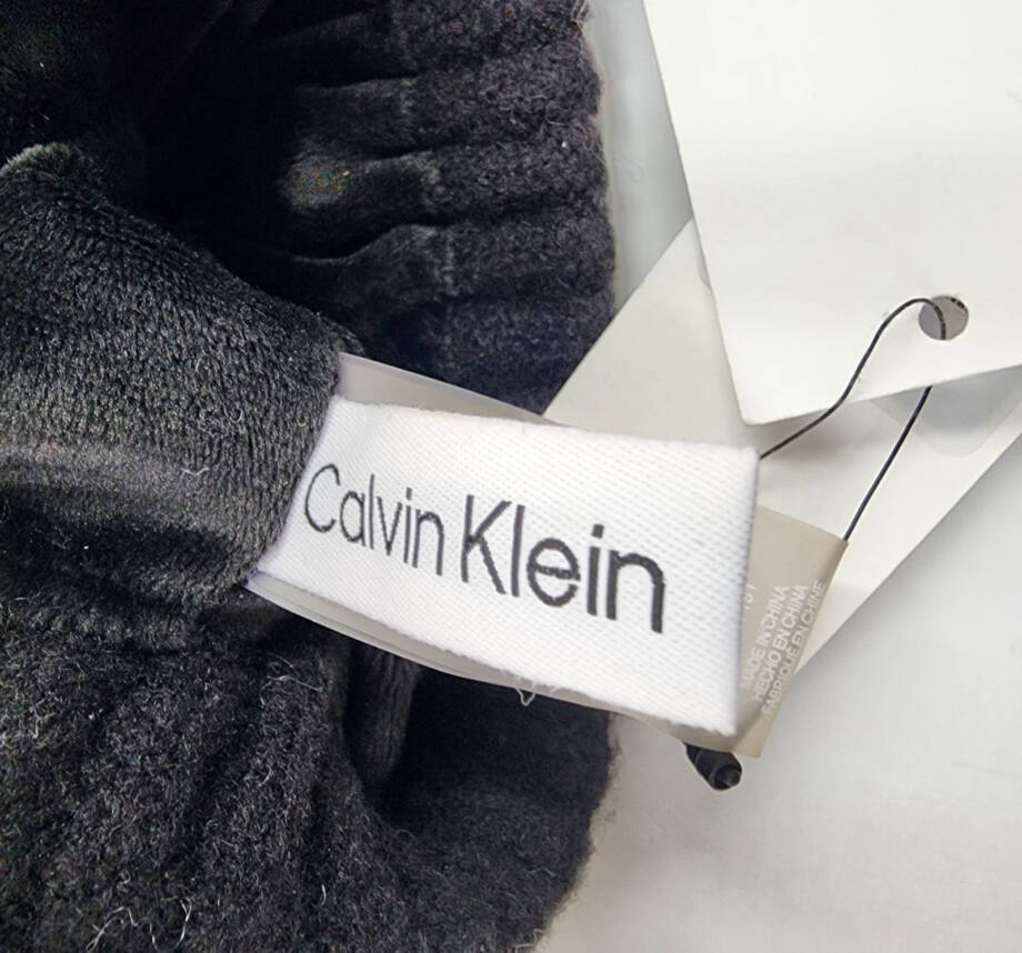 Calvin Klein Ribbed Furry Pom Pom Hat Women's One Size Black Logo Patch~