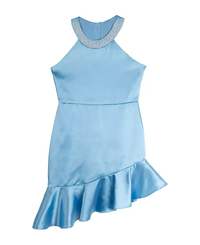 Rare Editions Sleeveless Imitation Pearl Halter Dress Big Girls 10 Blue Back Zip