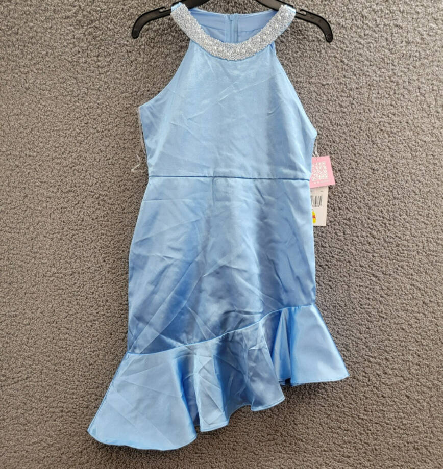 Rare Editions Sleeveless Imitation Pearl Halter Dress Big Girls 10 Blue Back Zip
