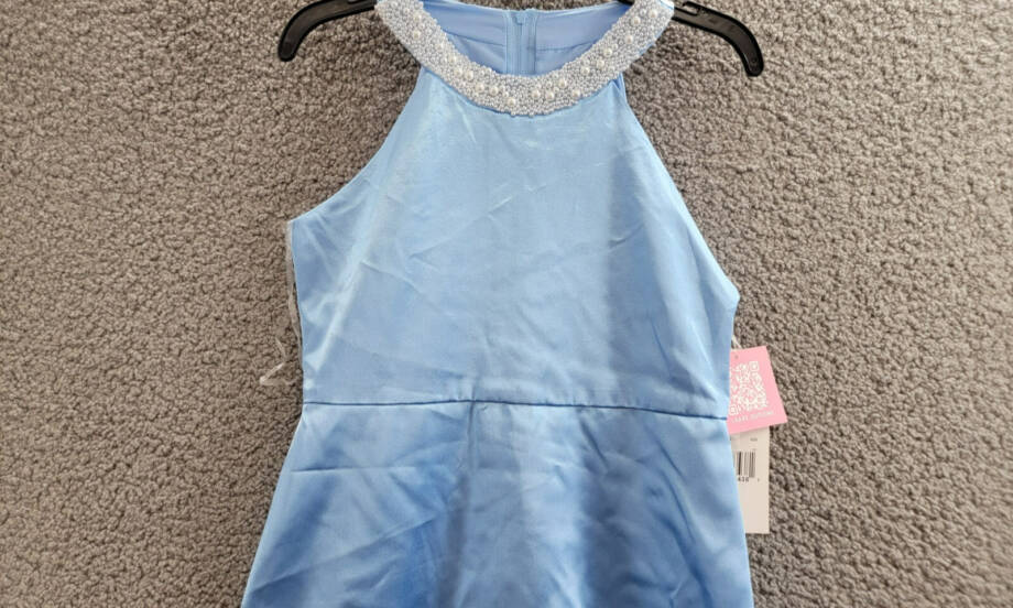 Rare Editions Sleeveless Imitation Pearl Halter Dress Big Girls 10 Blue Back Zip