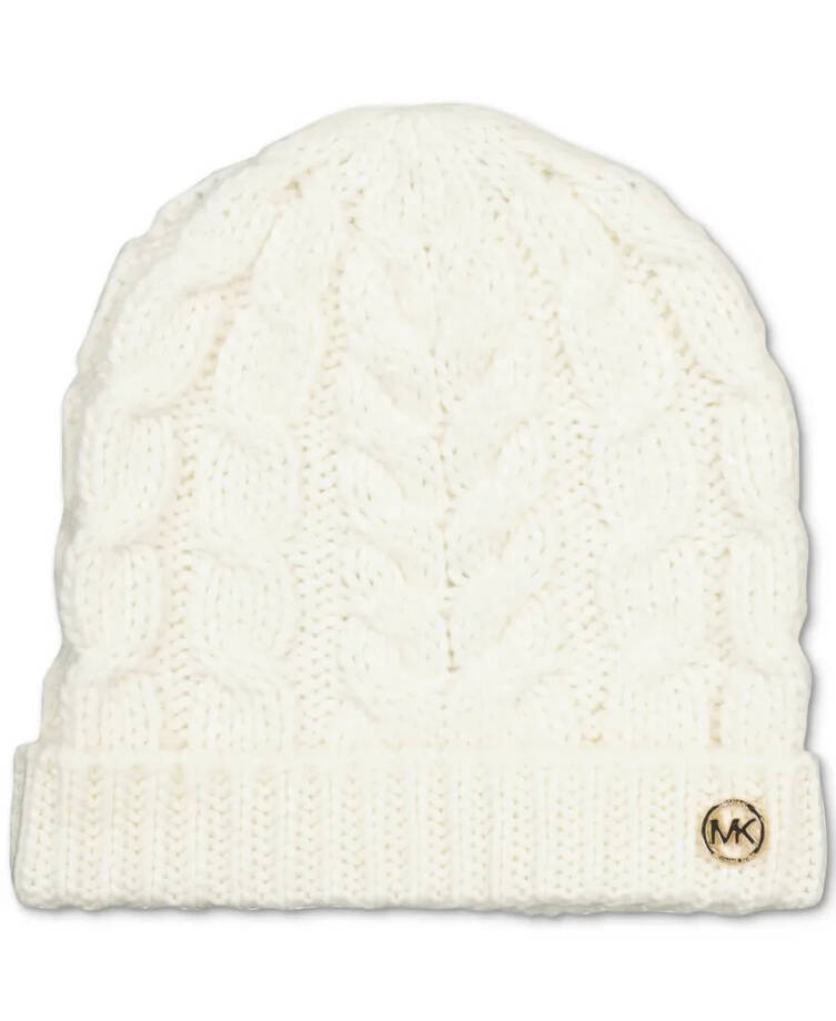 Michael Michael Kors Moving Cables Knit Hat Women's Cream Ribbed Logo Charm