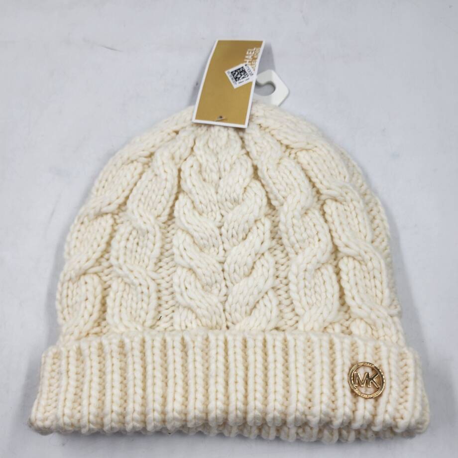 Michael Michael Kors Moving Cables Knit Hat Women's Cream Ribbed Logo Charm