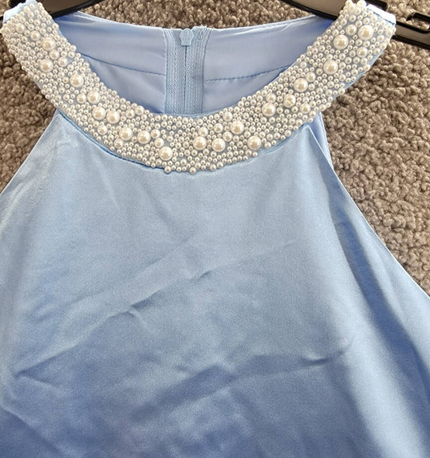 Rare Editions Sleeveless Imitation Pearl Halter Dress Big Girls 10 Blue Back Zip