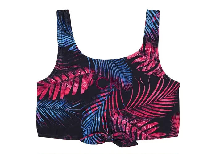 Calvin Klein Dark Tropical Twist-Tie Front Top Big Girls XL/16 Black Multi