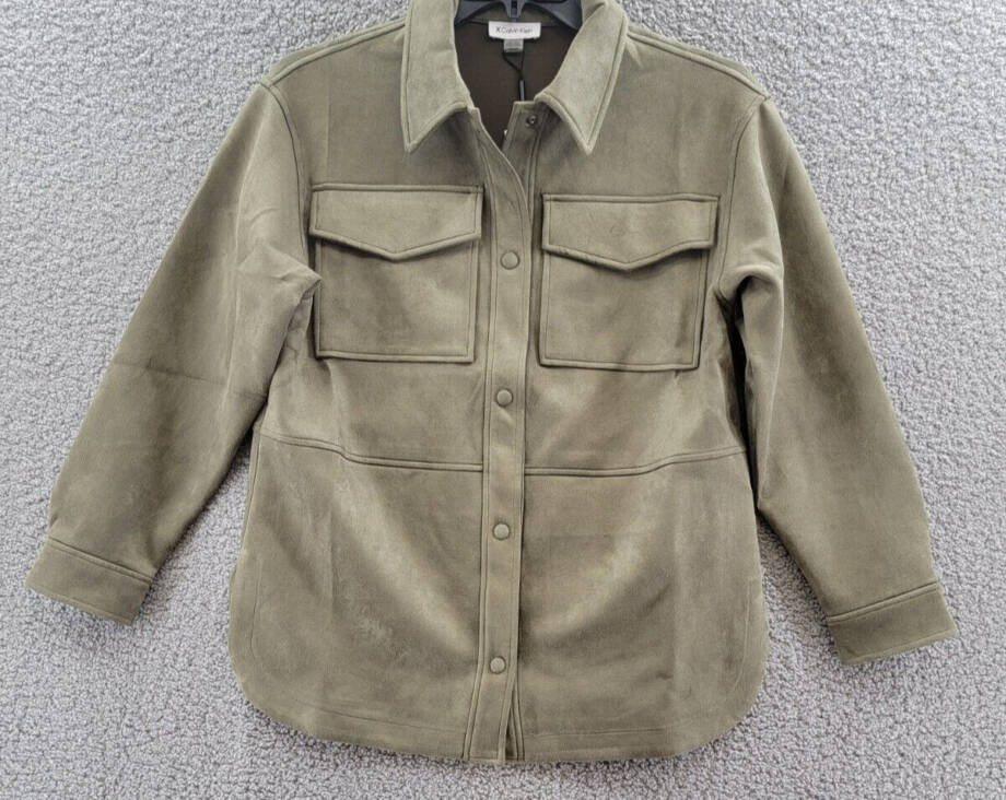 Calvin Klein Faux Suede Button Up Shirt Unisex S Olive Green Snap Button Closure