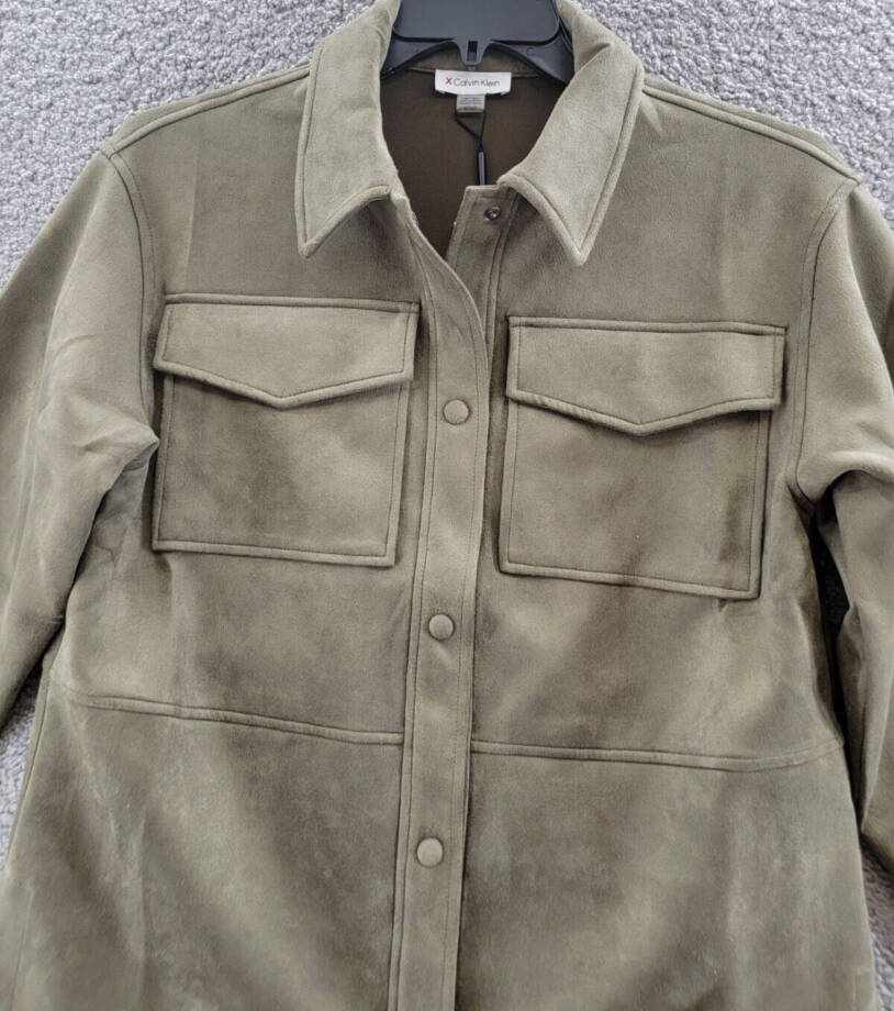 Calvin Klein Faux Suede Button Up Shirt Unisex S Olive Green Snap Button Closure