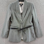 DKNY Long Sleeve Mix Media Belted Jacket Women's 6 Black/Eggnog Button Closure