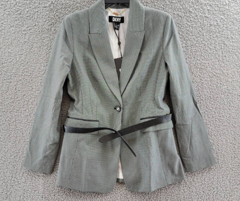 DKNY Long Sleeve Mix Media Belted Jacket Women's 6 Black/Eggnog Button Closure