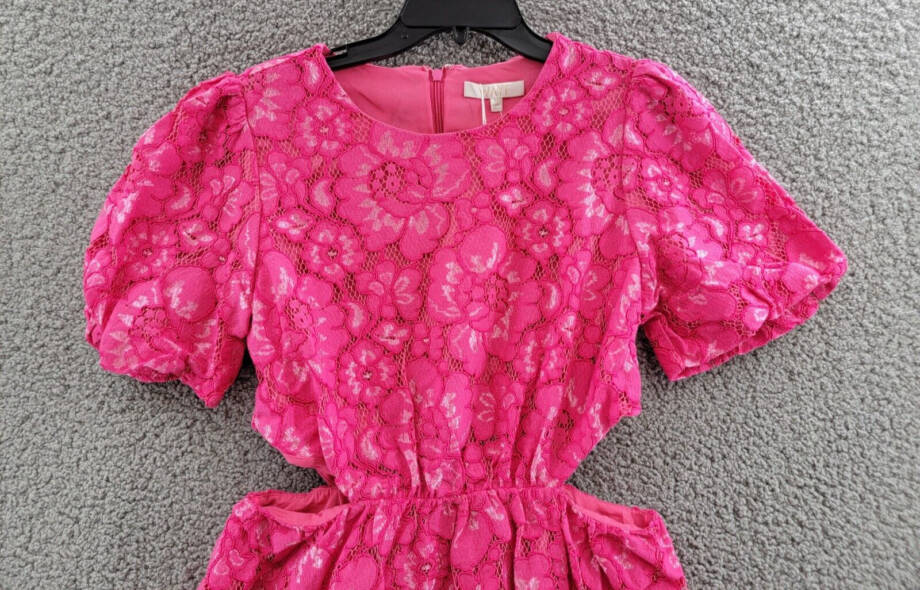 WAYF Plaza Lace Mini Dress Women's M Magenta Back Zip Closure Short Sleeves