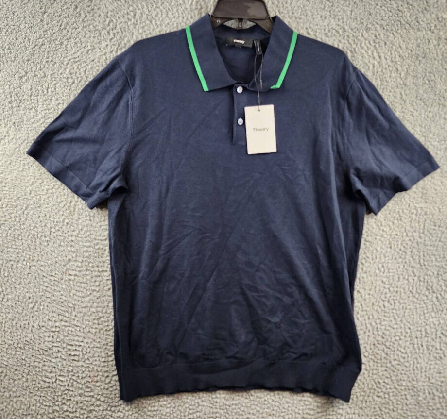 Theory Goris Tipped Collar Fine Bilen Polo Men's L Baltic/Jade Green Shortsleeve