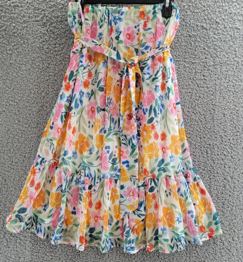 AQUA Strapless Tie Waist Mini Dress Women's XL Multi Floral Ruffled Side Zip