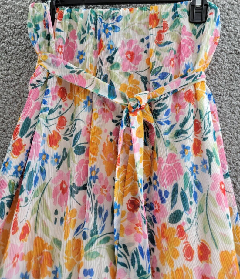 AQUA Strapless Tie Waist Mini Dress Women's XL Multi Floral Ruffled Side Zip