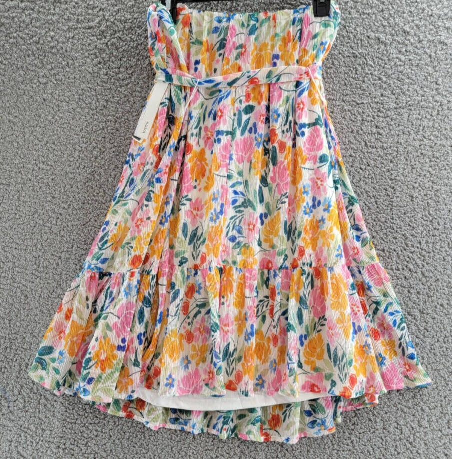 AQUA Strapless Tie Waist Mini Dress Women's XL Multi Floral Ruffled Side Zip