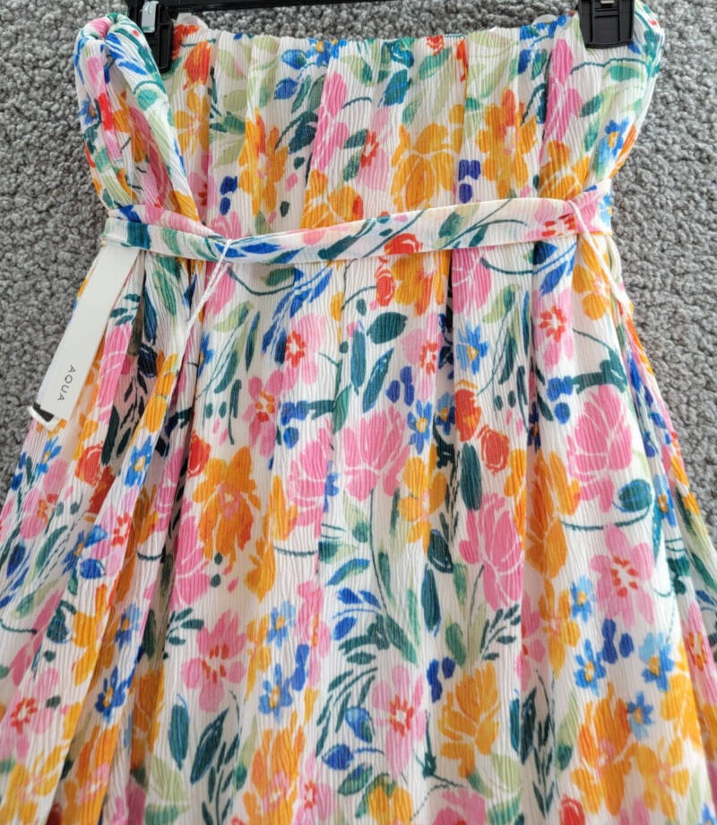 AQUA Strapless Tie Waist Mini Dress Women's XL Multi Floral Ruffled Side Zip