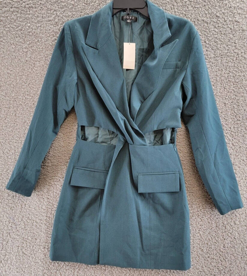 FORE Cutout Blazer Mini Dress Women's S Blue Green Collared Side Zip Long Sleeve