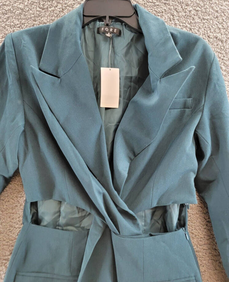FORE Cutout Blazer Mini Dress Women's S Blue Green Collared Side Zip Long Sleeve