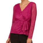 Adrianna Papell Metallic V-Neck Side-Tie Top Women's 0 Magenta Back Zip Closure