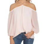 1.STATE Cold-Shoulder Top Women's XXS Pink Taffeta Back Button Long Sleeve