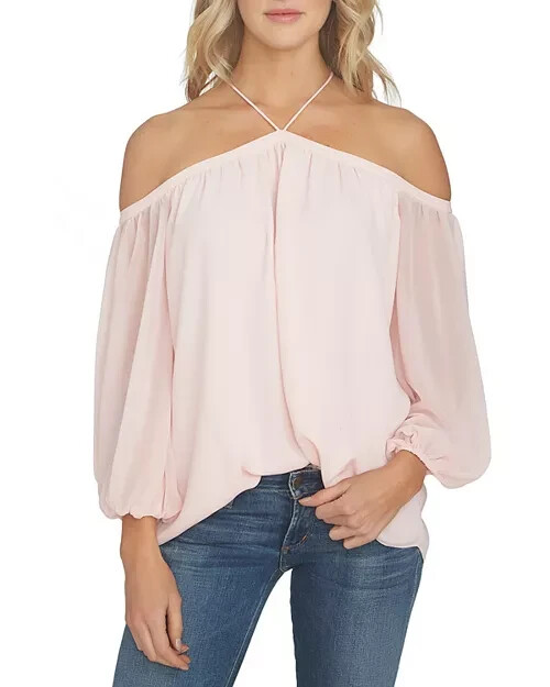 1.STATE Cold-Shoulder Top Women's XXS Pink Taffeta Back Button Long Sleeve