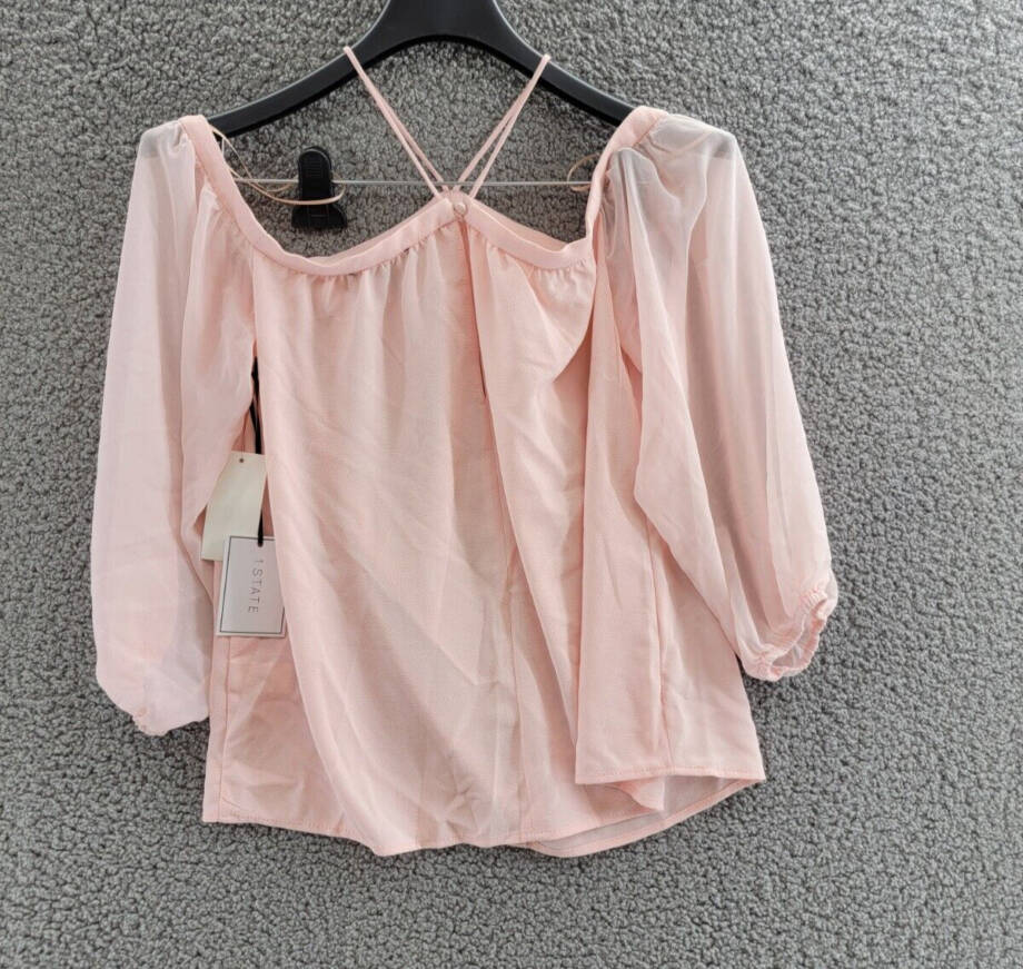 1.STATE Cold-Shoulder Top Women's XXS Pink Taffeta Back Button Long Sleeve