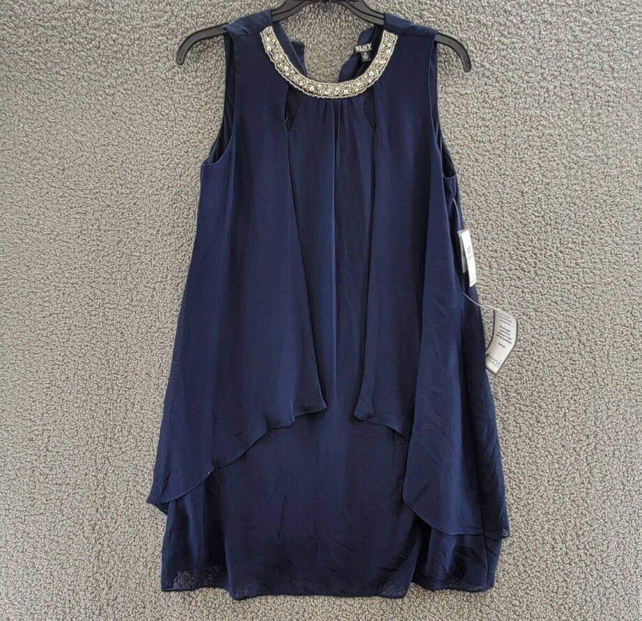 SLNY Beaded Sleeveless Shift Dress Women's 12 Navy Round Neck Hook & Eye Closure