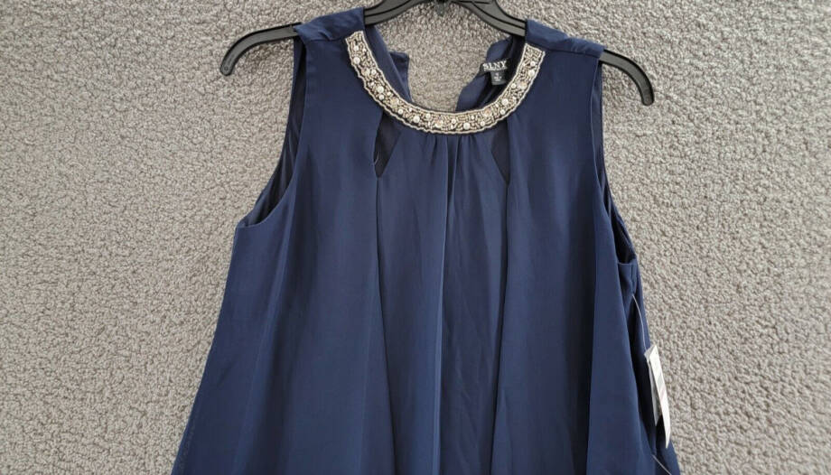 SLNY Beaded Sleeveless Shift Dress Women's 12 Navy Round Neck Hook & Eye Closure