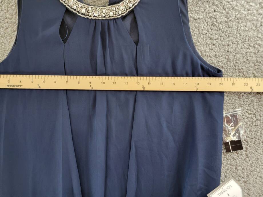 SLNY Beaded Sleeveless Shift Dress Women's 12 Navy Round Neck Hook & Eye Closure
