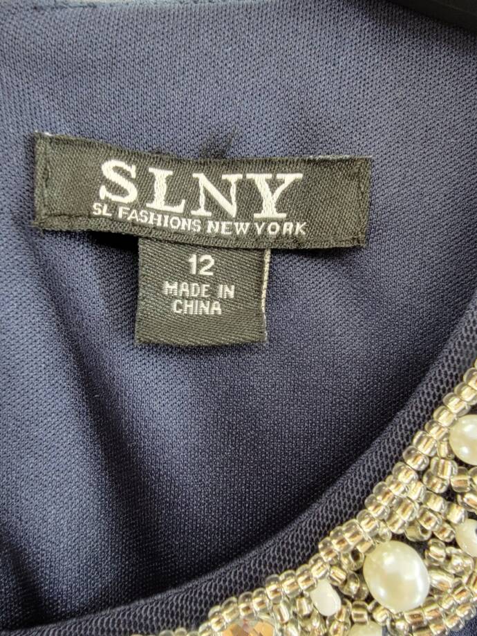 SLNY Beaded Sleeveless Shift Dress Women's 12 Navy Round Neck Hook & Eye Closure