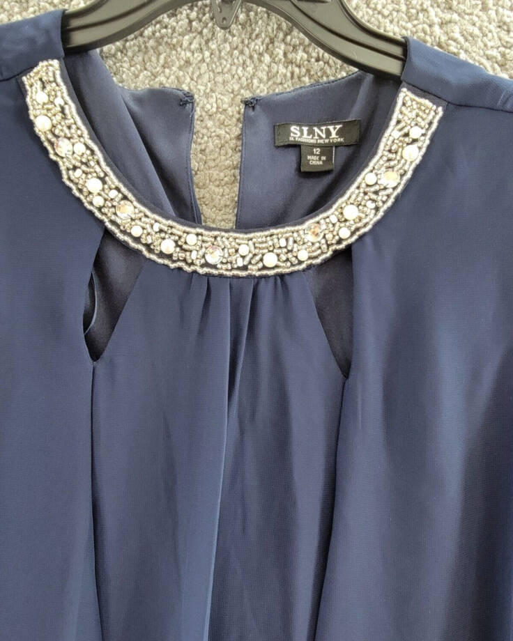 SLNY Beaded Sleeveless Shift Dress Women's 12 Navy Round Neck Hook & Eye Closure