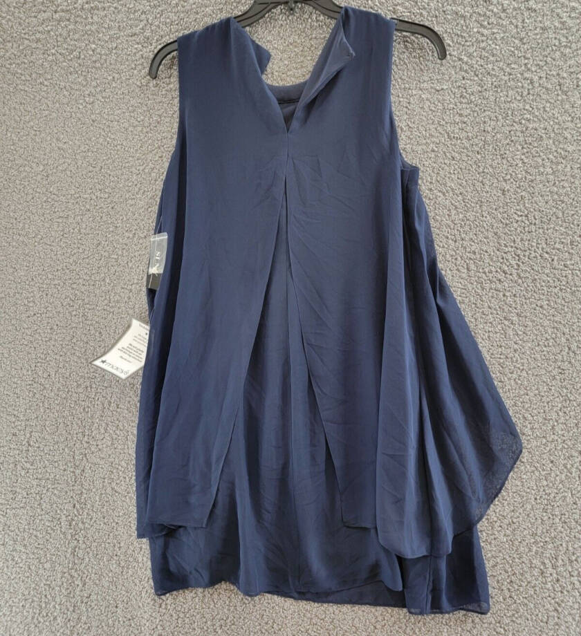 SLNY Beaded Sleeveless Shift Dress Women's 12 Navy Round Neck Hook & Eye Closure