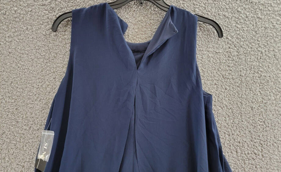 SLNY Beaded Sleeveless Shift Dress Women's 12 Navy Round Neck Hook & Eye Closure