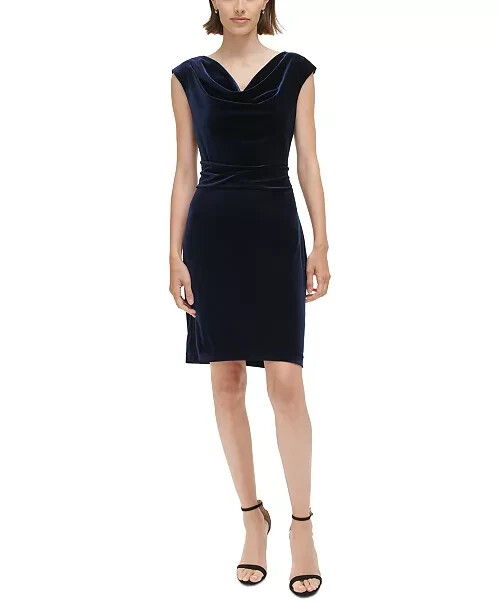 Jessica Howard Petite Velvet Cowl-Neck Sheath Dress Women's 12P Navy Pullover