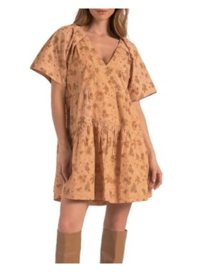 Elan Printed V-Neck Mini Dress Women's S Gold Folkfloral Short Sleeve Pullover~